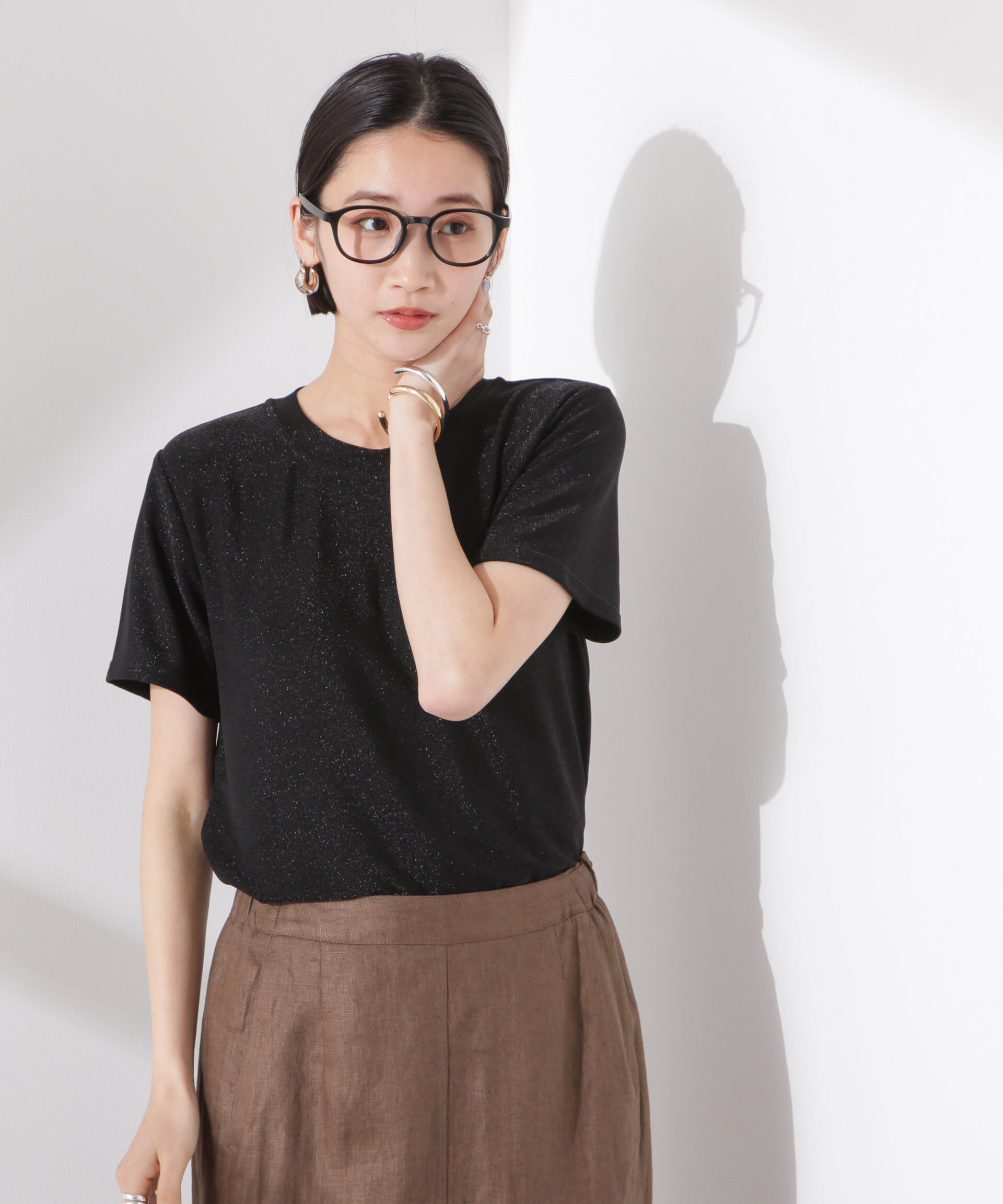 nano･universe「ラメカットクルーネックＴシャツ」|Tシャツ・カットソー|ブラック