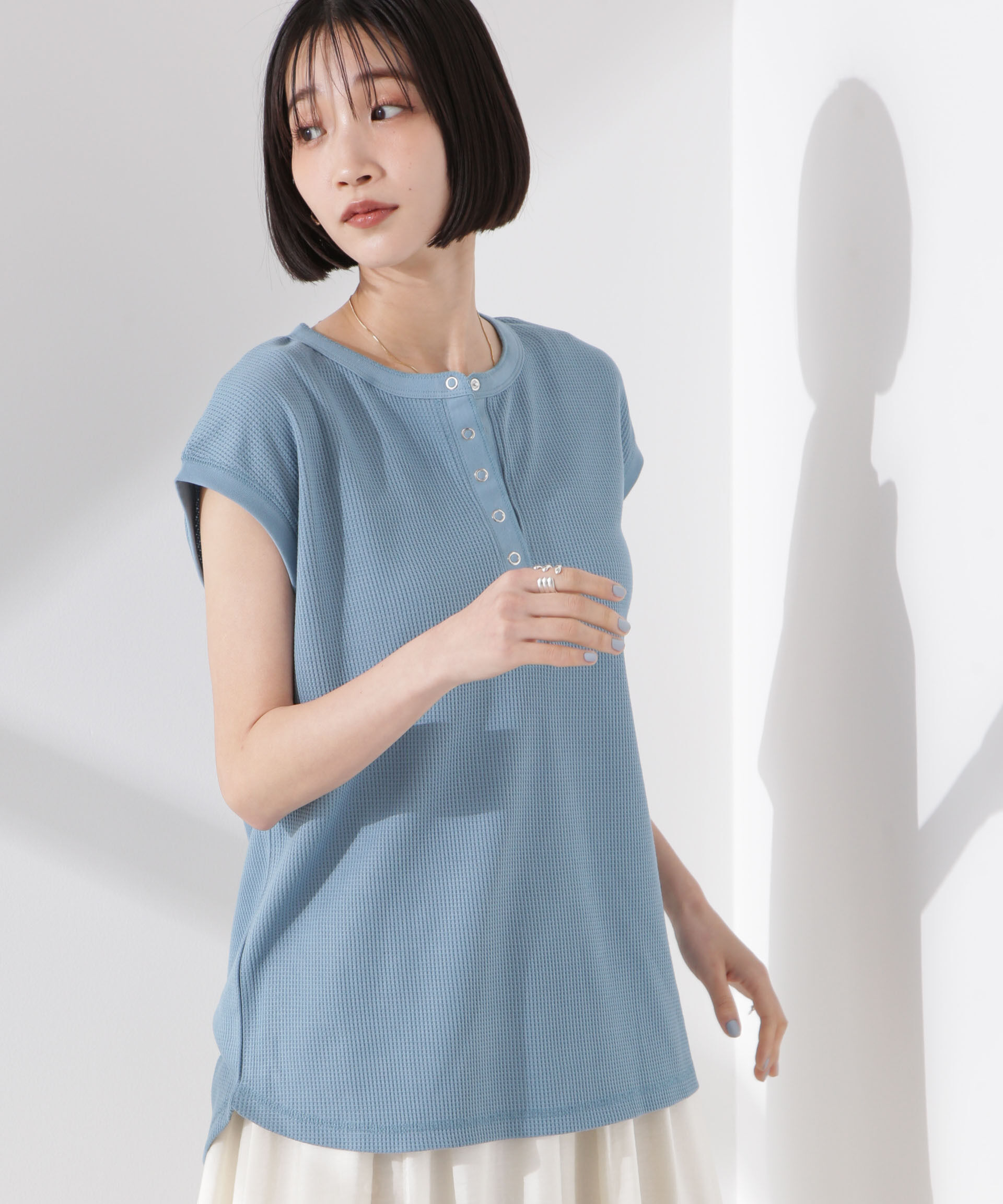 nano･universe「ワッフルヘンリーノースリーブトップス」|Tシャツ・カットソー|ブルー