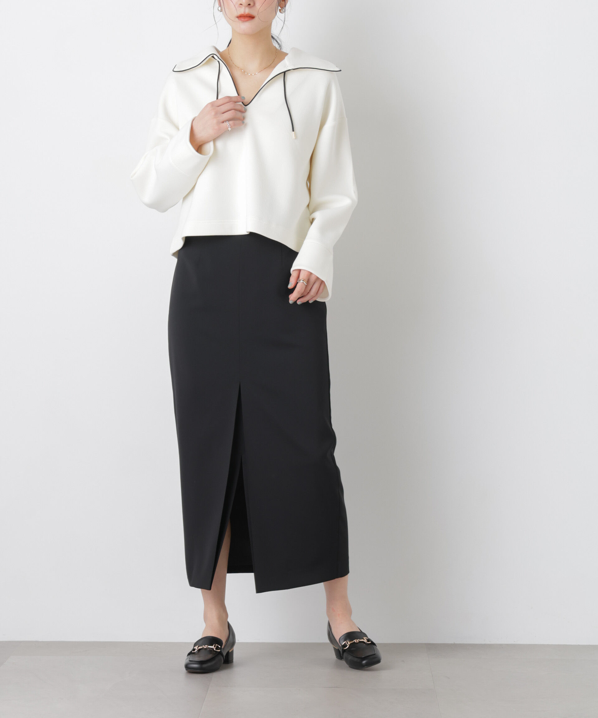 nano･universe「ハイツイストドライタックスリットロングスカート(セットアップ可)」|スカート|ブラック