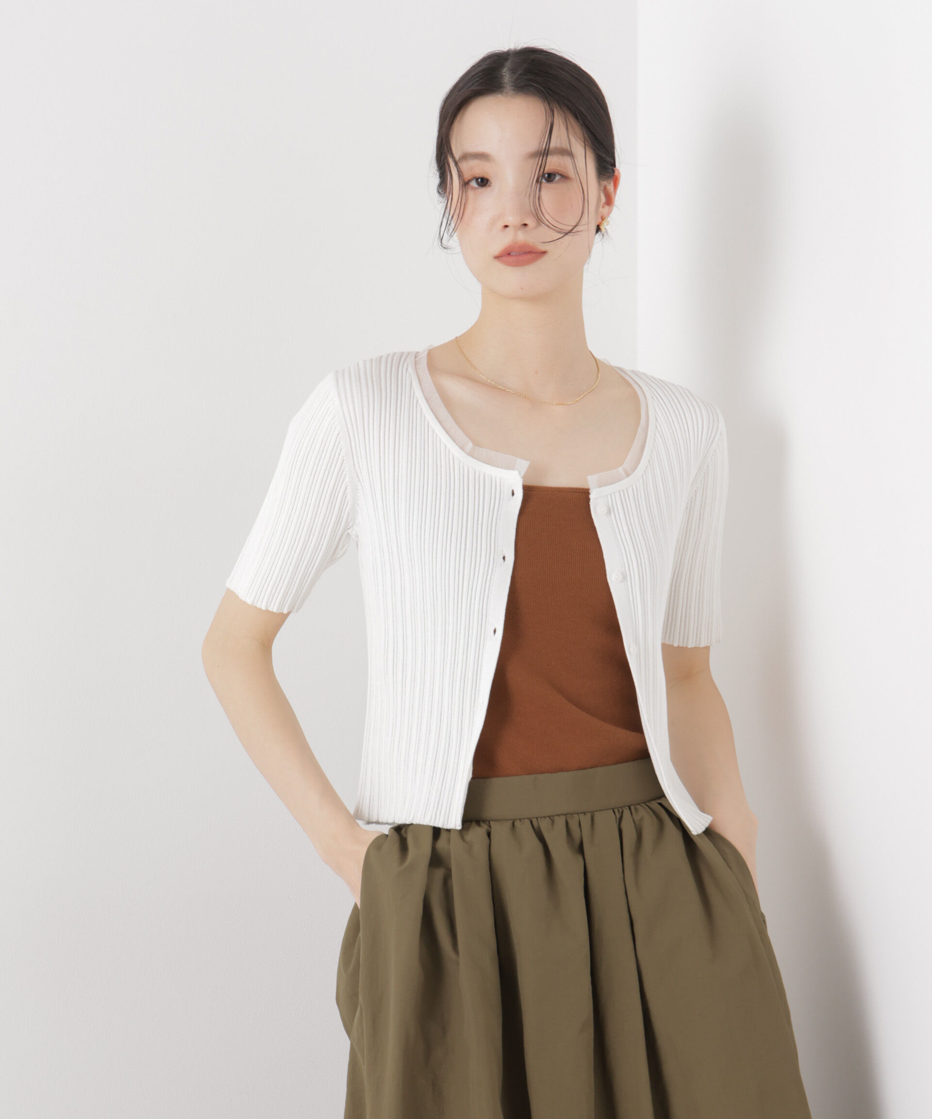 nano･universe「チュールコンビ半袖リブカーディガン」|ニット・セーター|