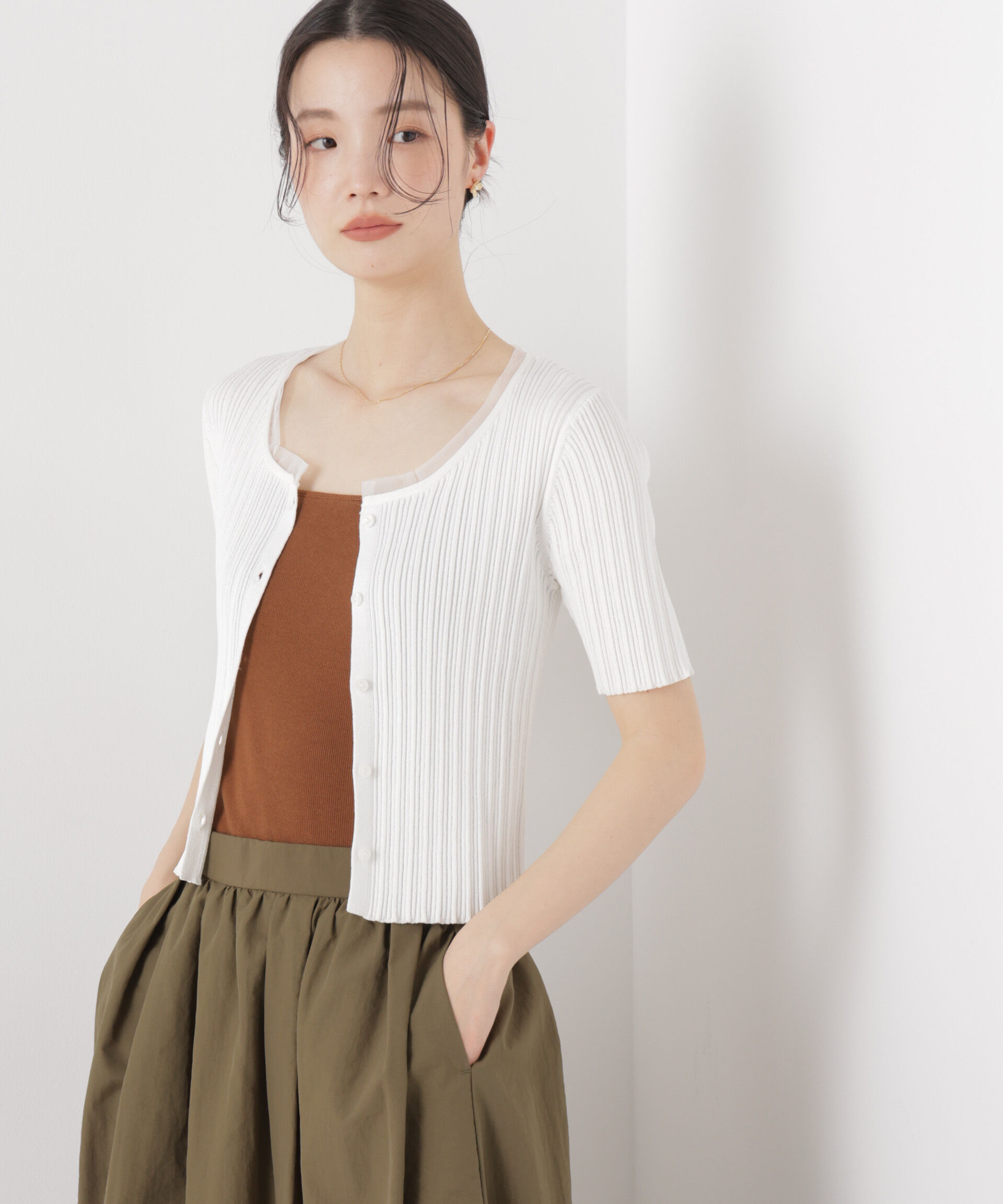 nano･universe「チュールコンビ半袖リブカーディガン」|ニット・セーター|