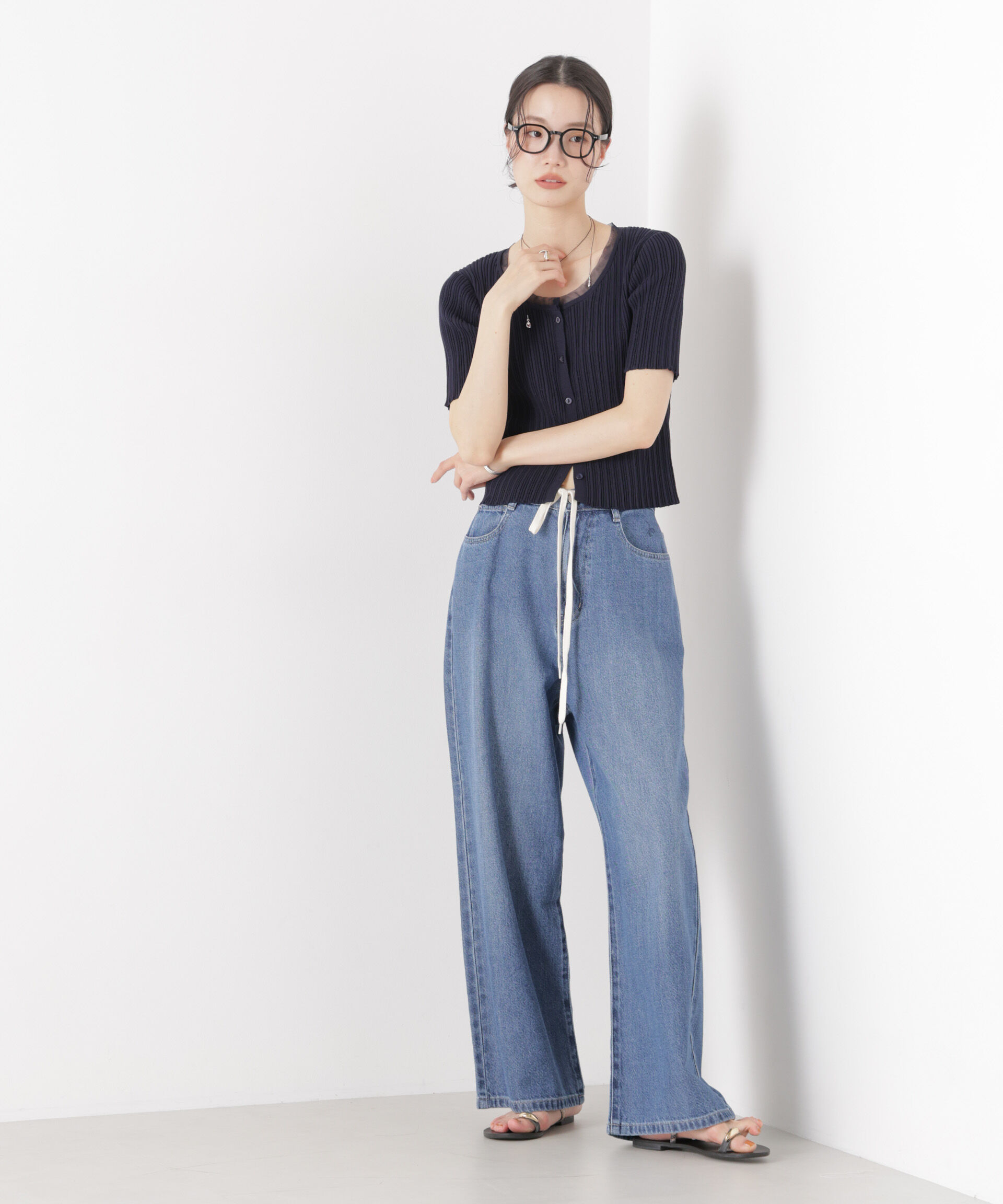 nano･universe「チュールコンビ半袖リブカーディガン」|ニット・セーター|