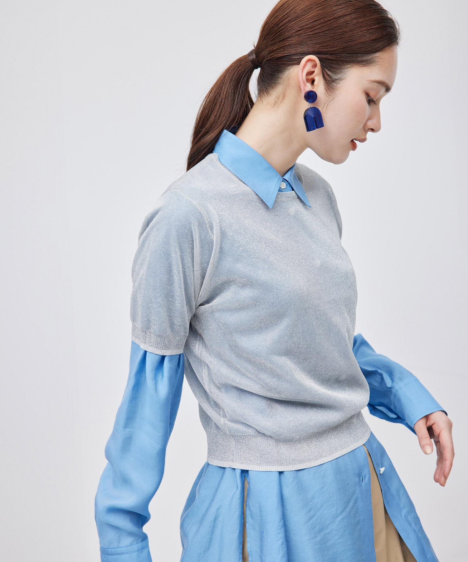 ROPE「【洗える】ラメシアーニット半袖プルオーバー【アンサンブル対応】」|ニット・セーター|