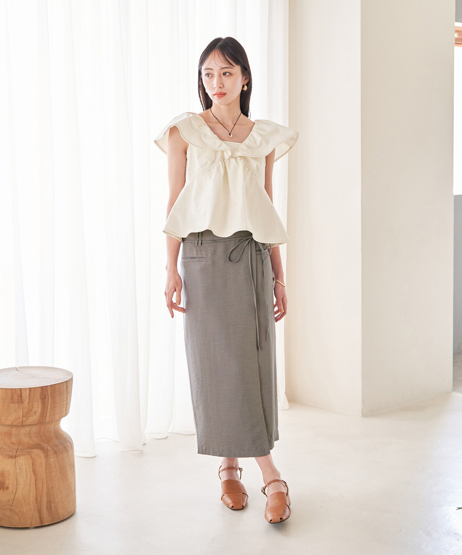 VIS「【接触冷感・洗える】美easyリネンライクベルト付き Iラインスカート」|スカート|