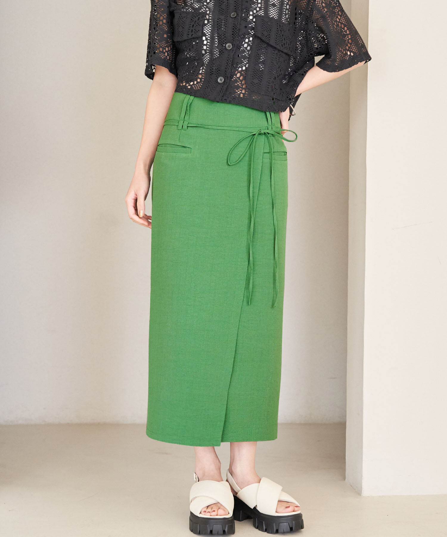 VIS「【接触冷感・洗える】美easyリネンライクベルト付き Iラインスカート」|スカート|
