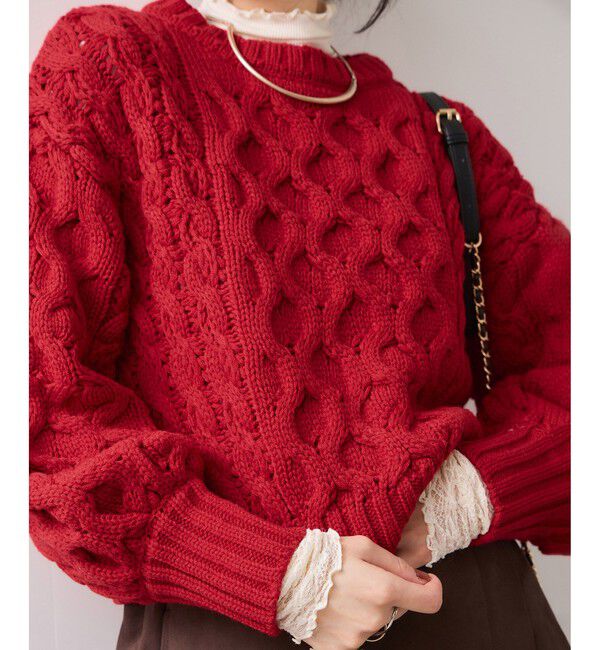 VIS「【WEB限定】ローゲージケーブルクロップドニット」|ニット・セーター|レッド(60)