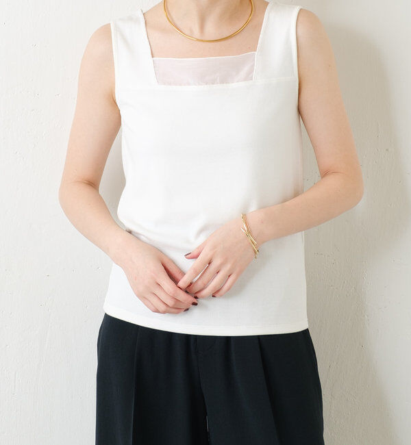  「 シアー切り替えスクエアタンクトップ」|Tシャツ・カットソー|ホワイト