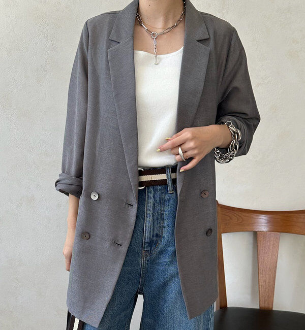  「【ウォッシャブル】シアーダブルジャケット」|テーラードジャケット|グレー