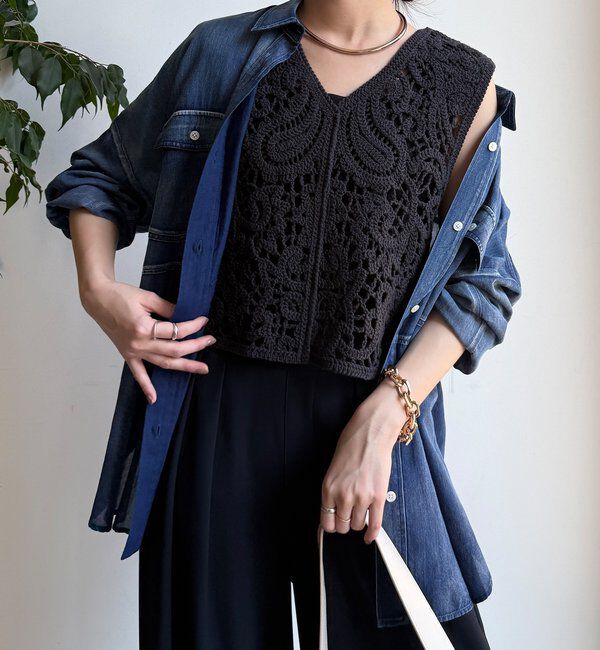  「クロッシェ編みニットベスト」|ニット・セーター|ブラック