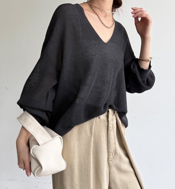  「ガーター深Vプルオーバー」|ニット・セーター|チャコールグレー