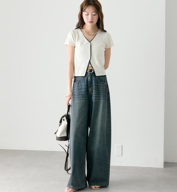  「レースライン半袖ニットカーディガン」|カーディガン|