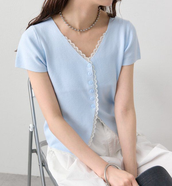  「レースライン半袖ニットカーディガン」|カーディガン|