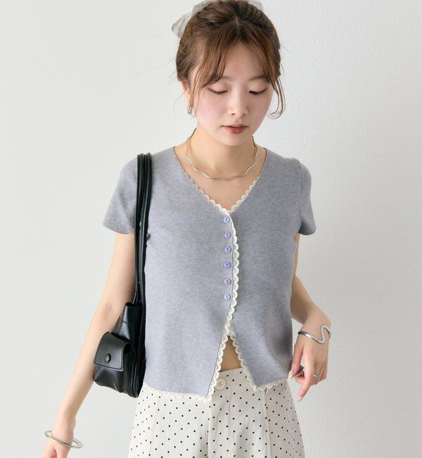  「レースライン半袖ニットカーディガン」|カーディガン|