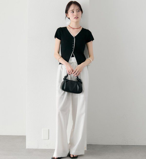  「レースライン半袖ニットカーディガン」|カーディガン|