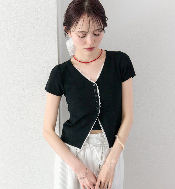  「レースライン半袖ニットカーディガン」|カーディガン|