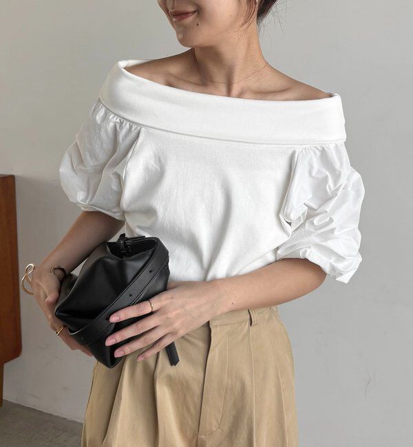  「【華奢見え◎】異素材パフオフショルＴ」|Tシャツ・カットソー|