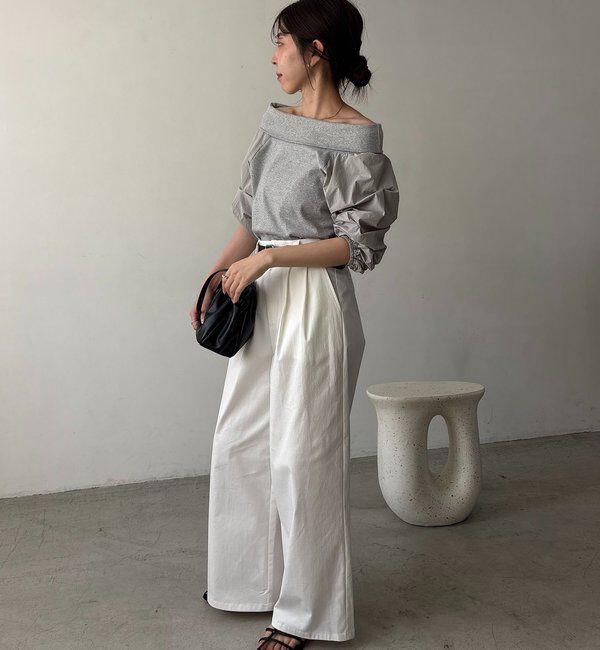  「【華奢見え◎】異素材パフオフショルＴ」|Tシャツ・カットソー|