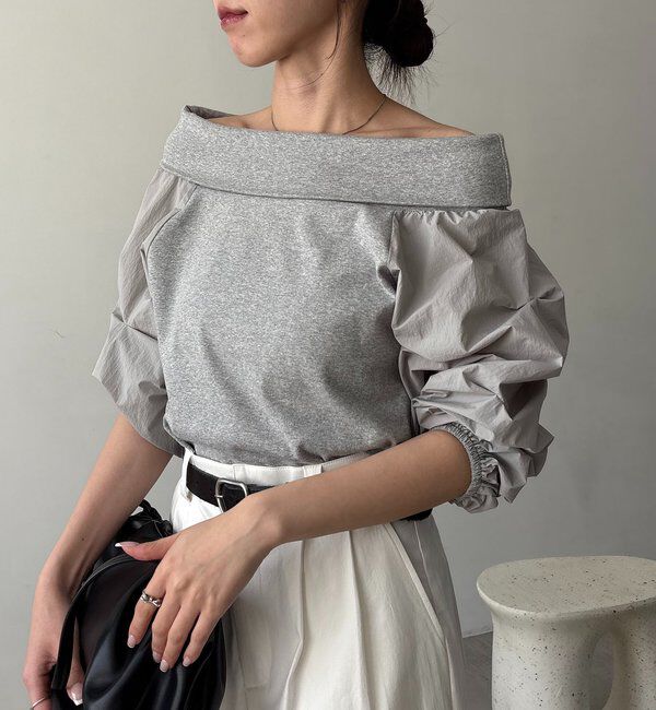  「【華奢見え◎】異素材パフオフショルＴ」|Tシャツ・カットソー|