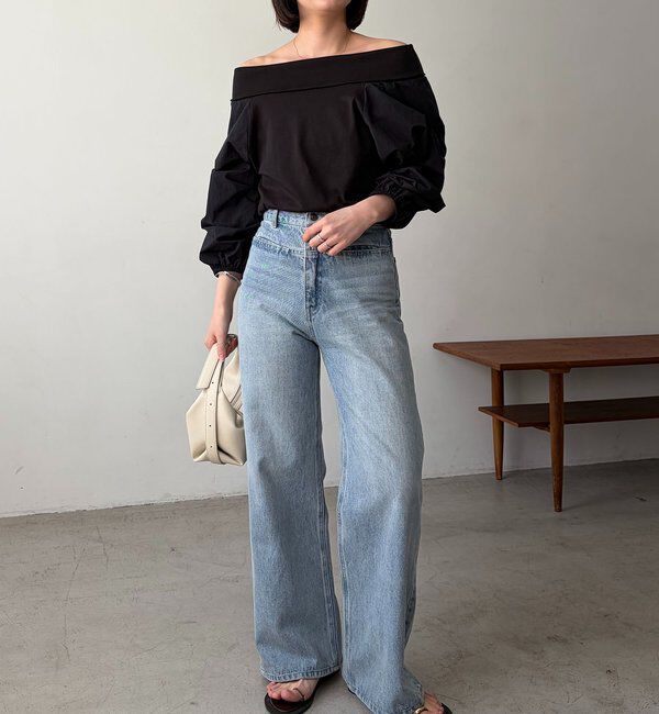  「【華奢見え◎】異素材パフオフショルＴ」|Tシャツ・カットソー|