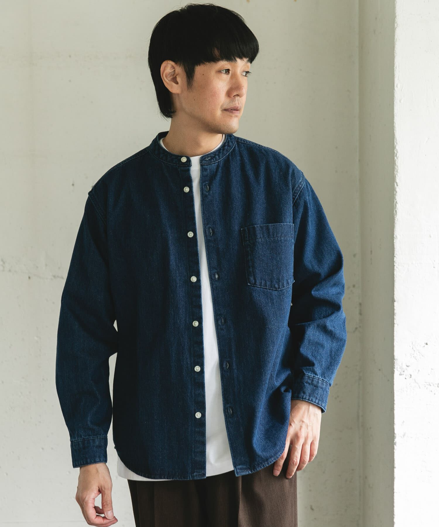 URBAN RESEARCH DOORS「デニムバンドカラーシャツ」|シャツ・ブラウス|ブルー系その他