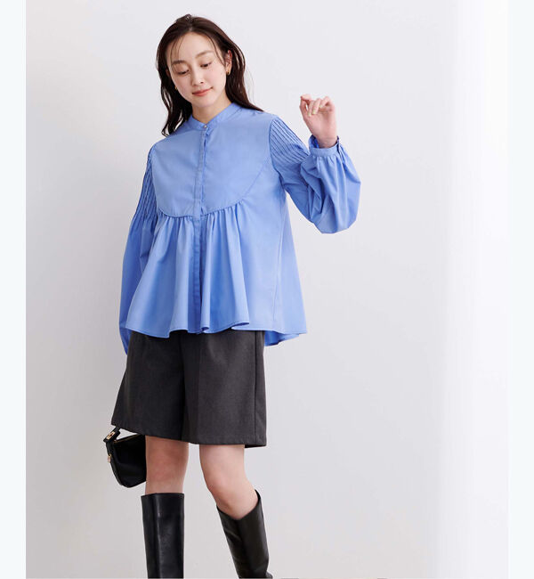 ur's「デザインスリーブバンドカラーフレアシャツ」|シャツ・ブラウス|ブルー