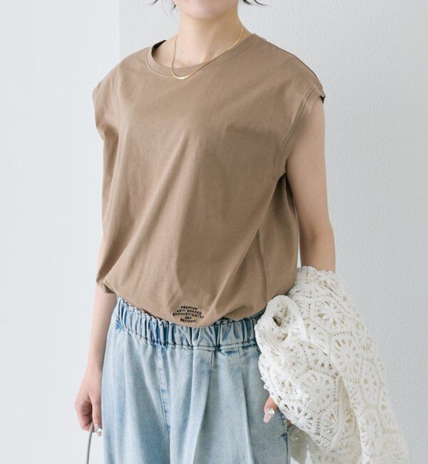  「【汗ジミ防止加工】ワンポイントロゴ刺繍フレンチスリーブTシャツ」|Tシャツ・カットソー|ベージュ