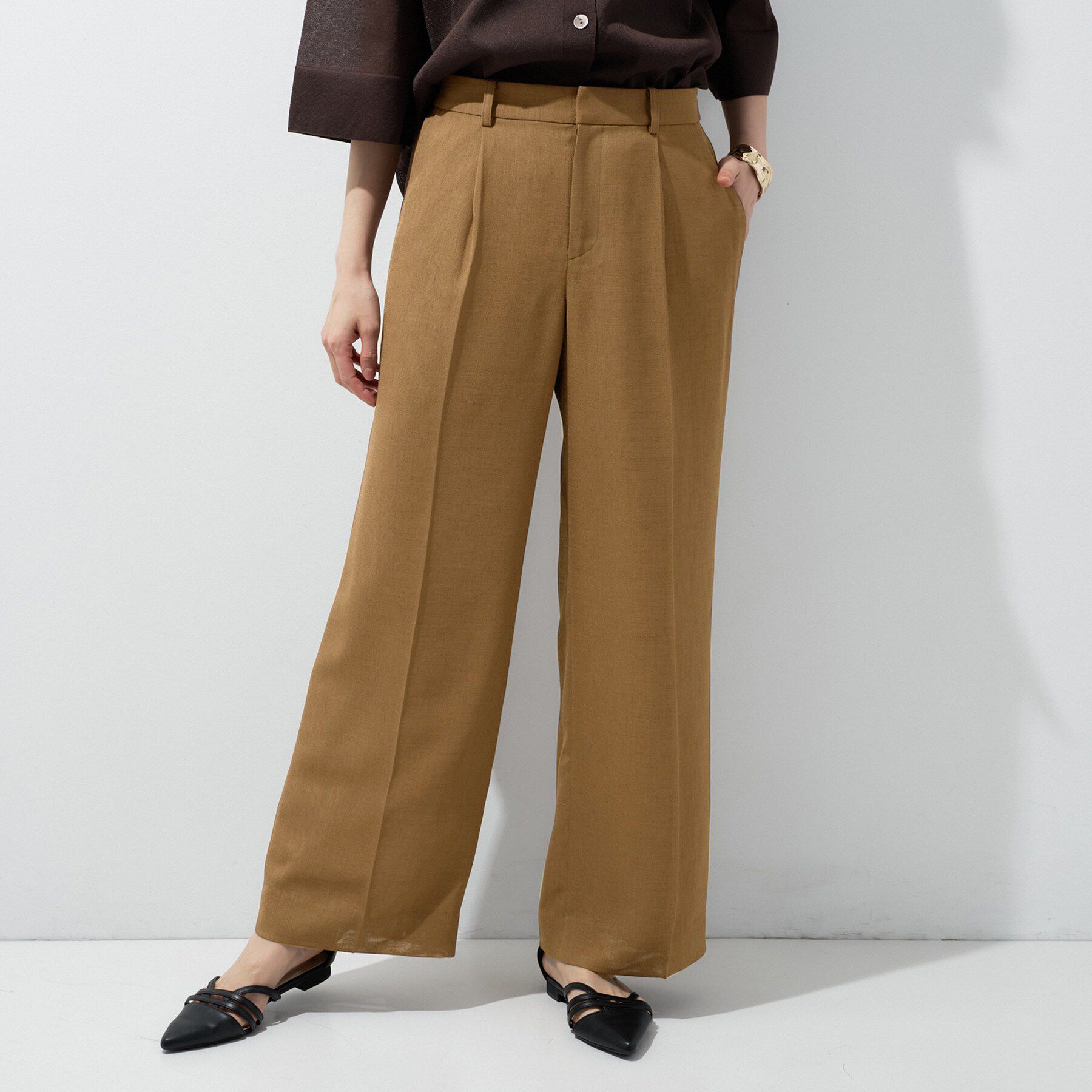 INDIVI「【洗える／メッシュ素材／SETUP可能】ワイドパンツ」|その他|キャメルブラウン(0