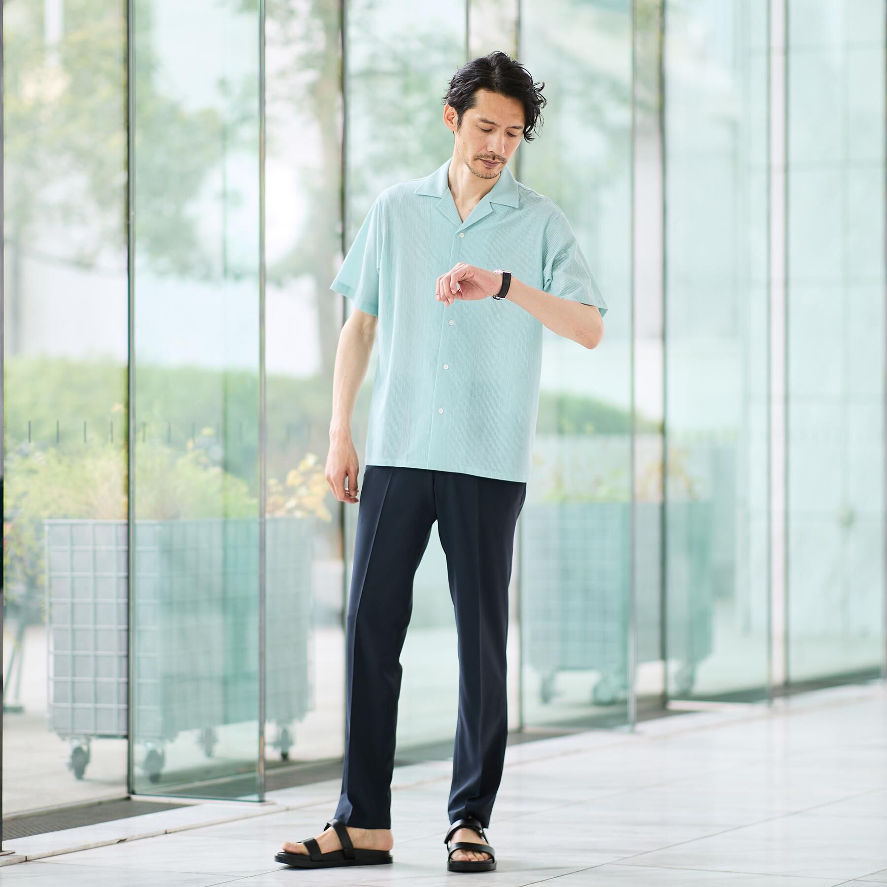 TAKEO KIKUCHI「【通気性】トリコットサッカー オープンカラー シャツ」|シャツ・ブラウス|