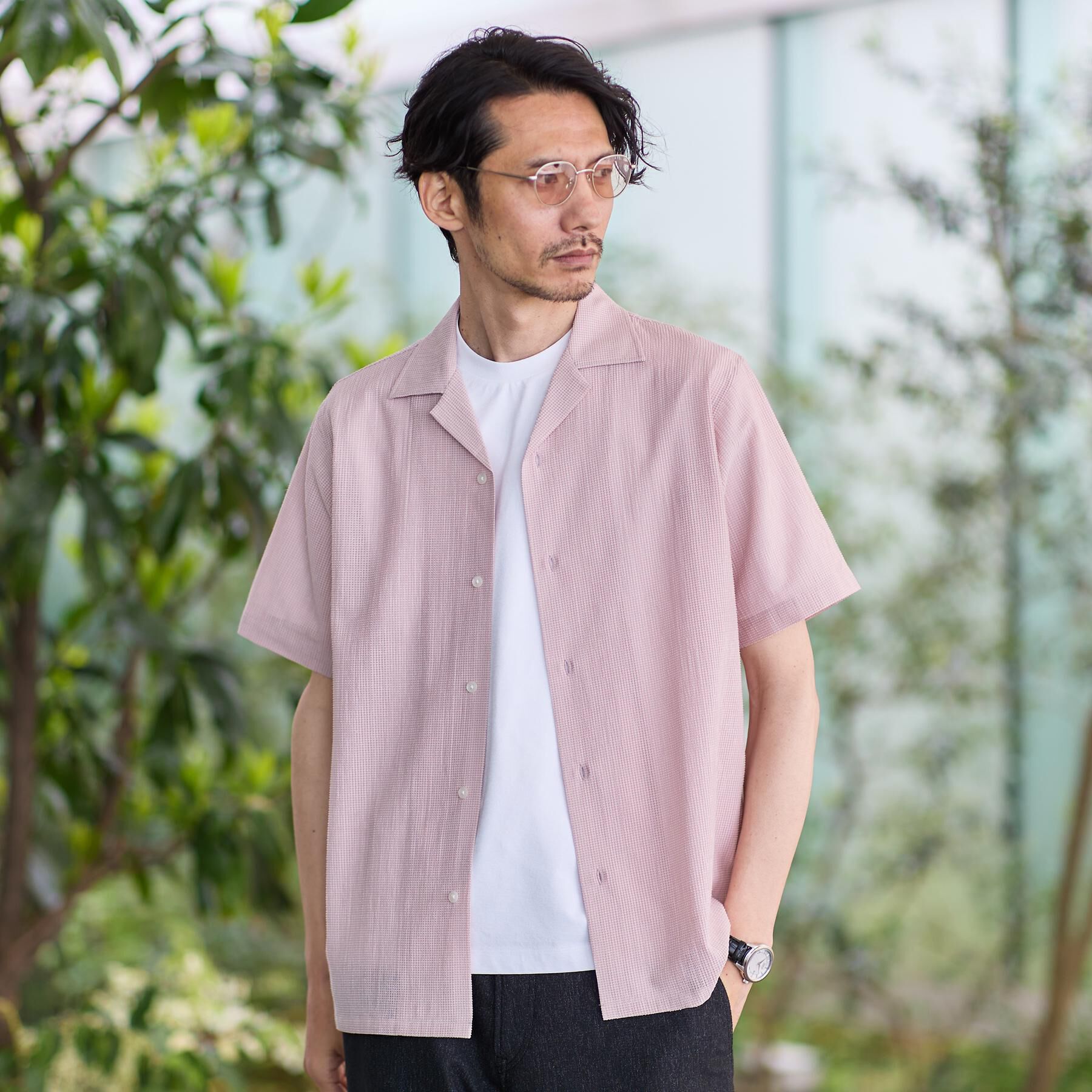 TAKEO KIKUCHI「【通気性】トリコットサッカー オープンカラー シャツ」|シャツ・ブラウス|