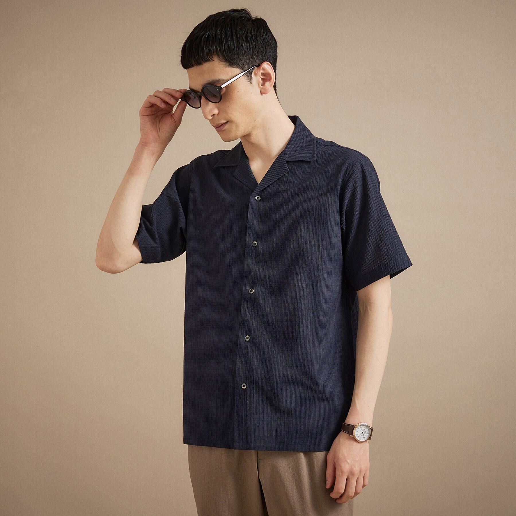 TAKEO KIKUCHI「【通気性】トリコットサッカー オープンカラー シャツ」|シャツ・ブラウス|ブルー(093)