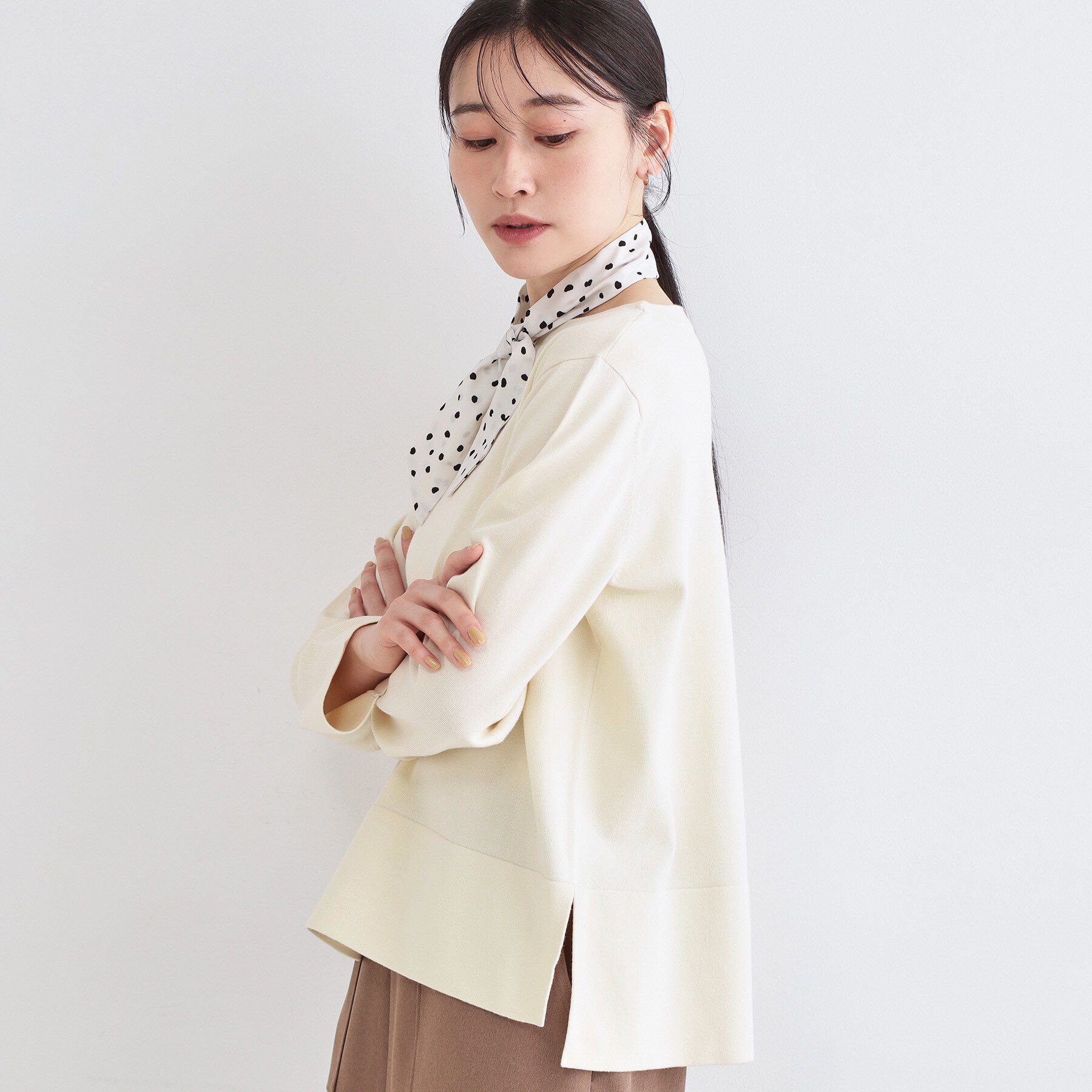 OPAQUE.CLIP「リラクシーボートネックニット/オーガニックコットン混【洗濯機OK/UVケア】《5col》」|ニット・セーター|アイボリー(004)