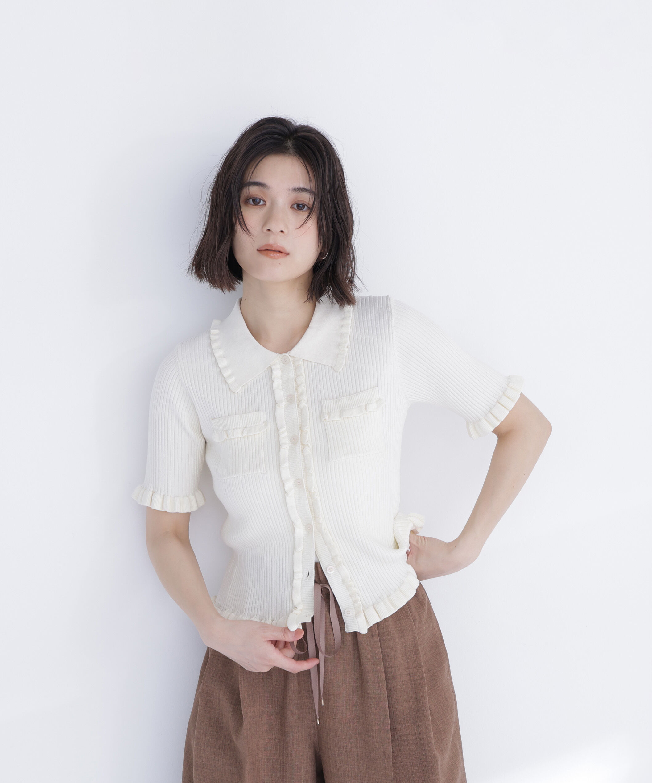  「フリルリブポケットカーディガン」|ニット・セーター|
