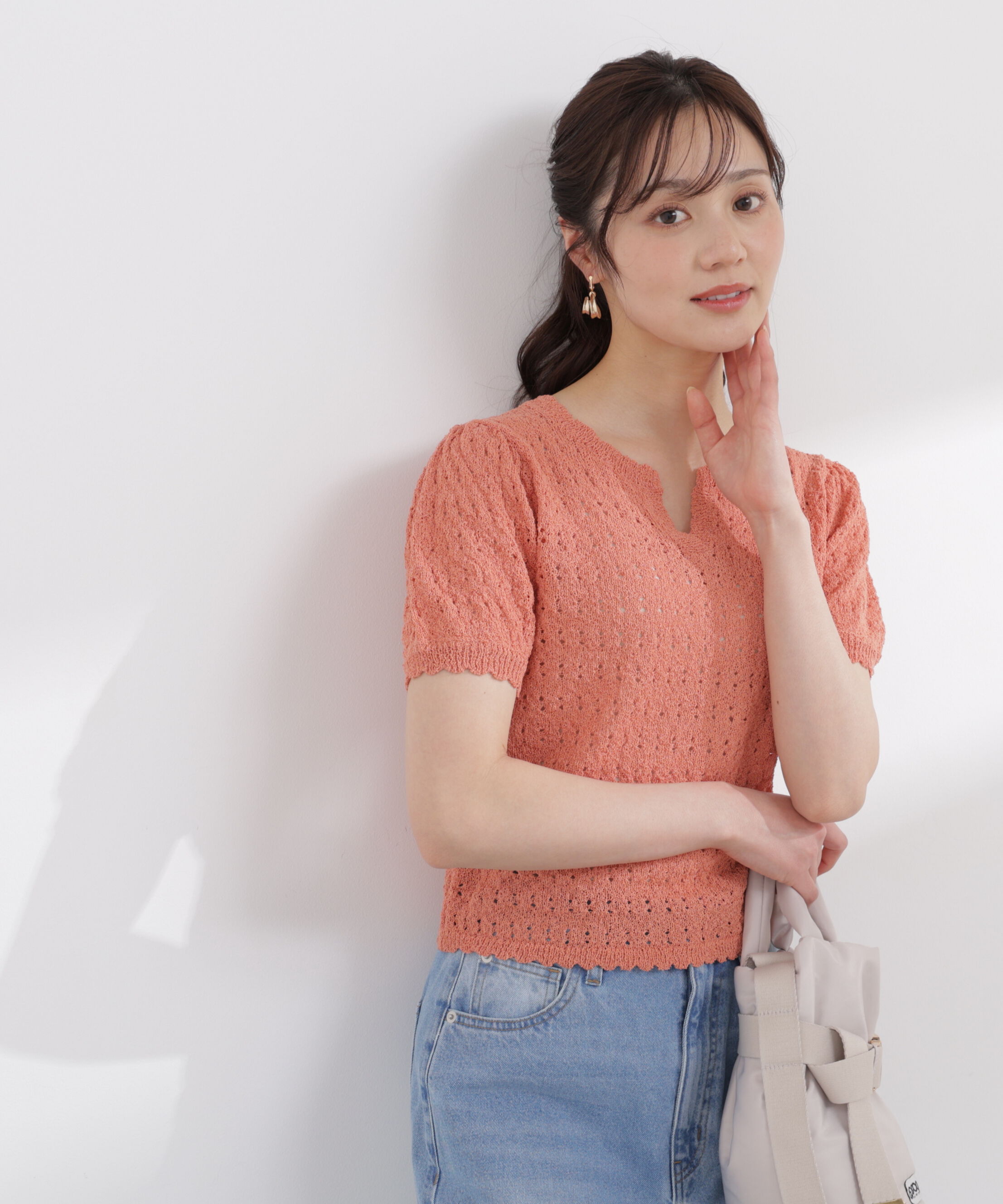 PROPORTION BODY DRESSING「ヘンリーネック透かし編みニット 26SS」|ニット・セーター|オレンジ