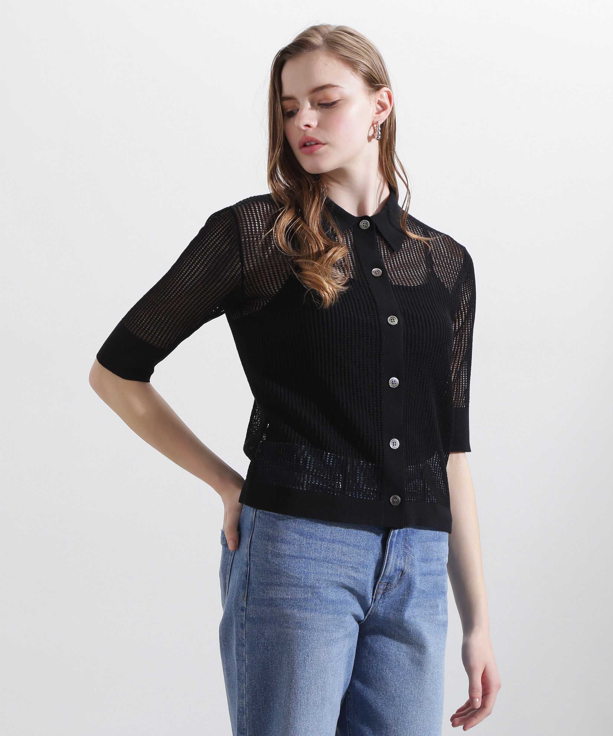  「◆シアーコンビカーディガン」|ニット・セーター|ブラック