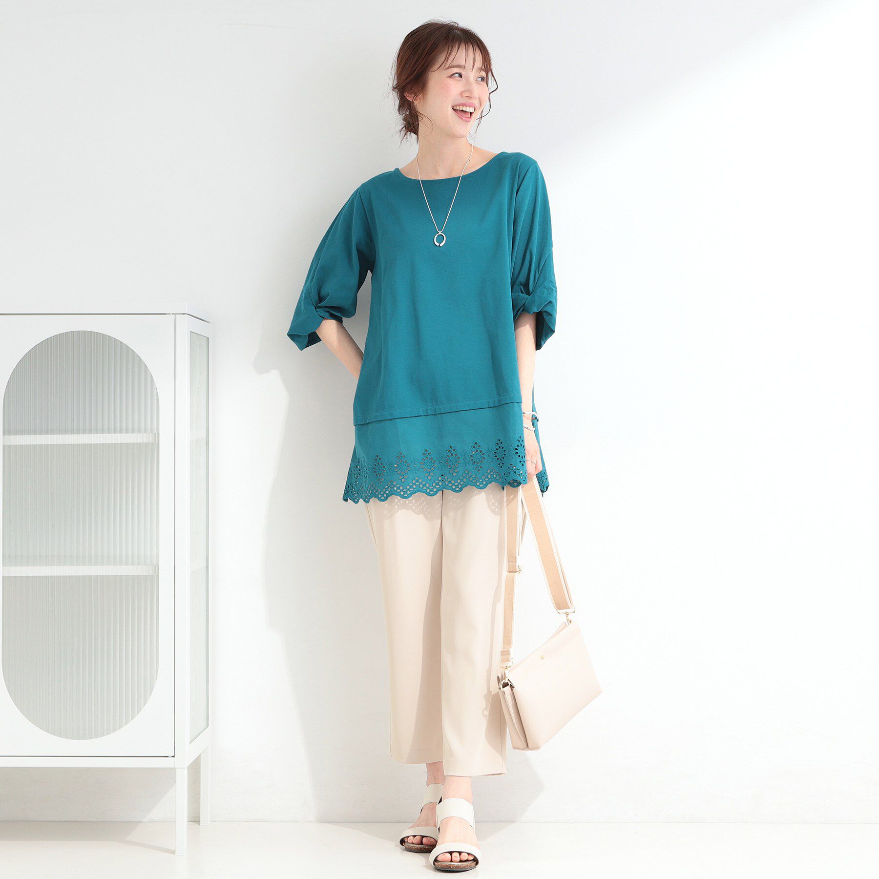 SHOO･LA･RUE「【洗濯機可/ひんやり/S-LL】裾レース切り替え ねじりお袖チュニック」|チュニック|