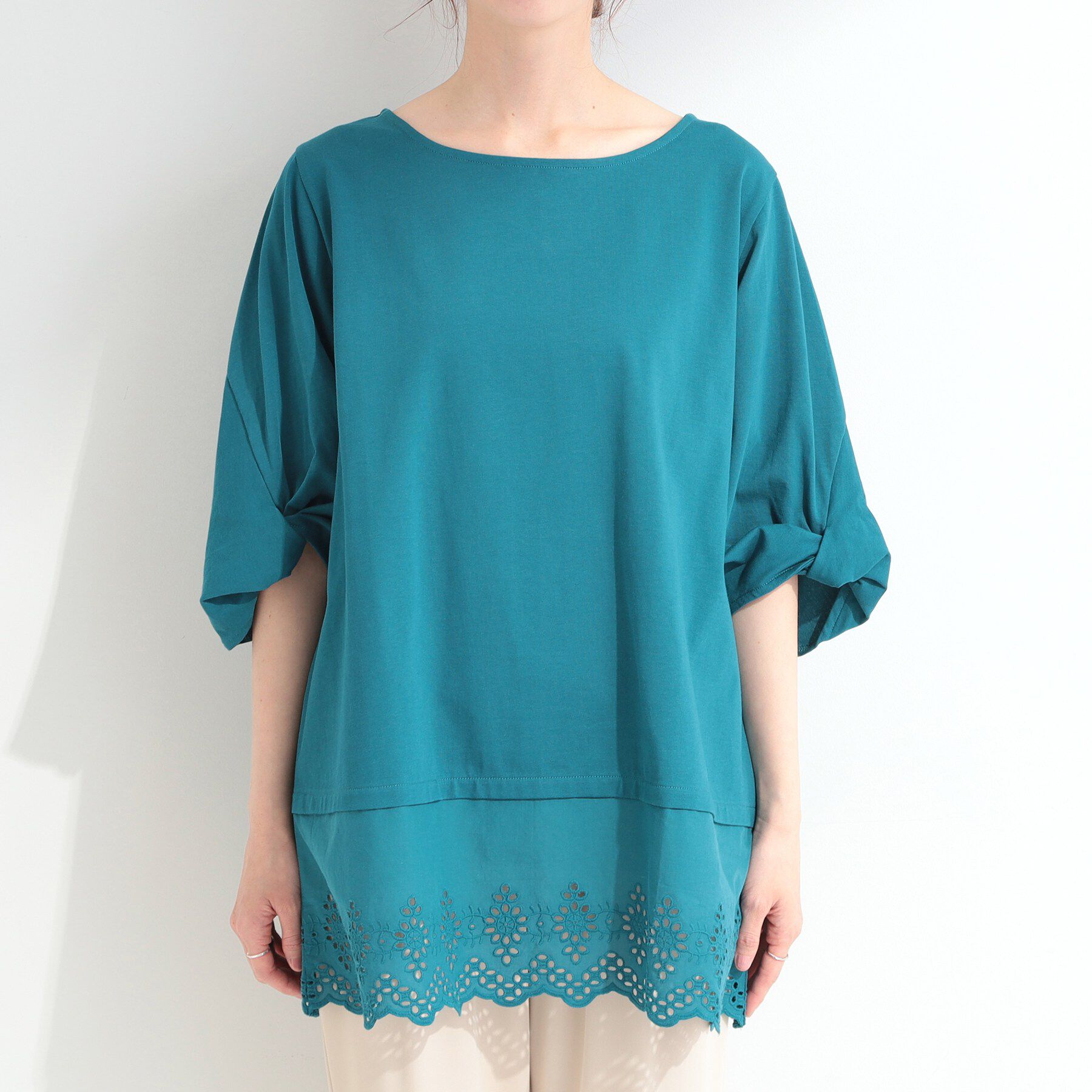 SHOO･LA･RUE「【洗濯機可/ひんやり/S-LL】裾レース切り替え ねじりお袖チュニック」|チュニック|