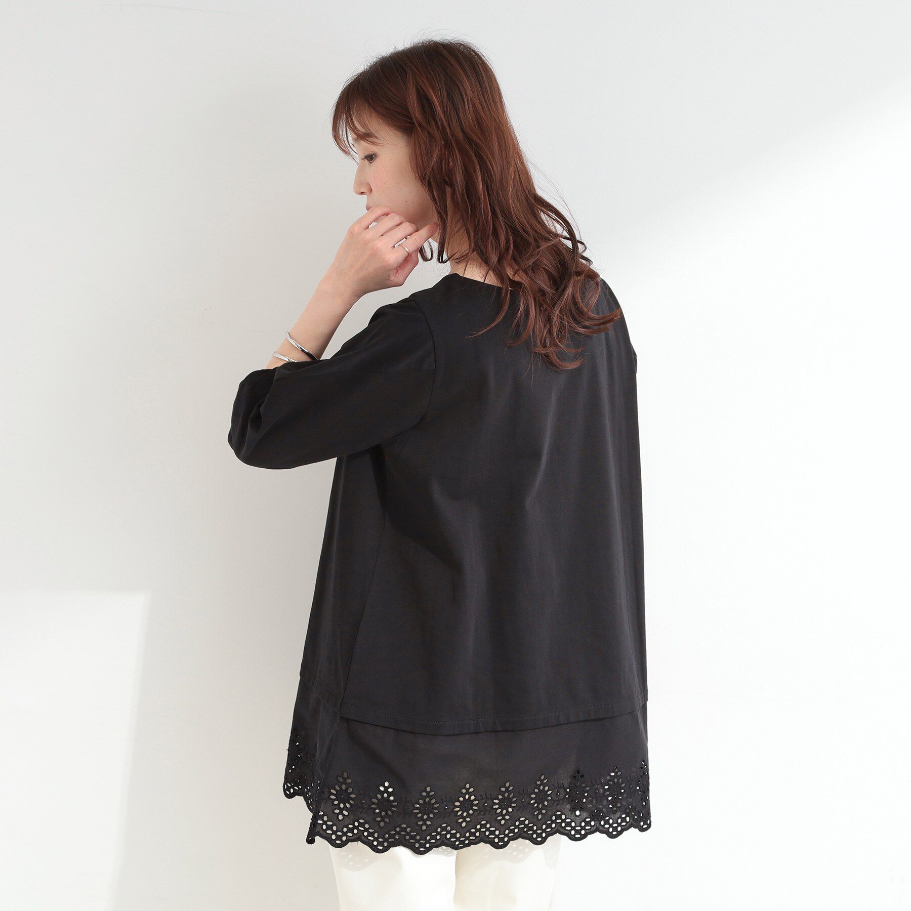 SHOO･LA･RUE「【洗濯機可/ひんやり/S-LL】裾レース切り替え ねじりお袖チュニック」|チュニック|