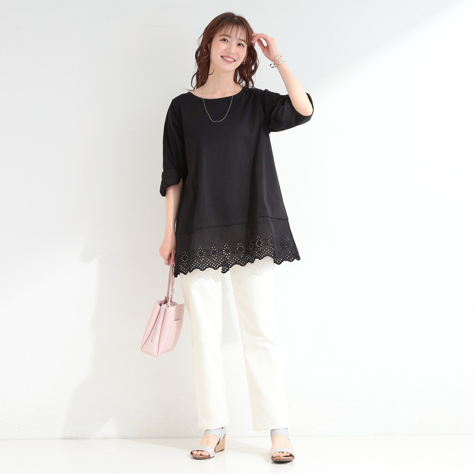 SHOO･LA･RUE「【洗濯機可/ひんやり/S-LL】裾レース切り替え ねじりお袖チュニック」|チュニック|