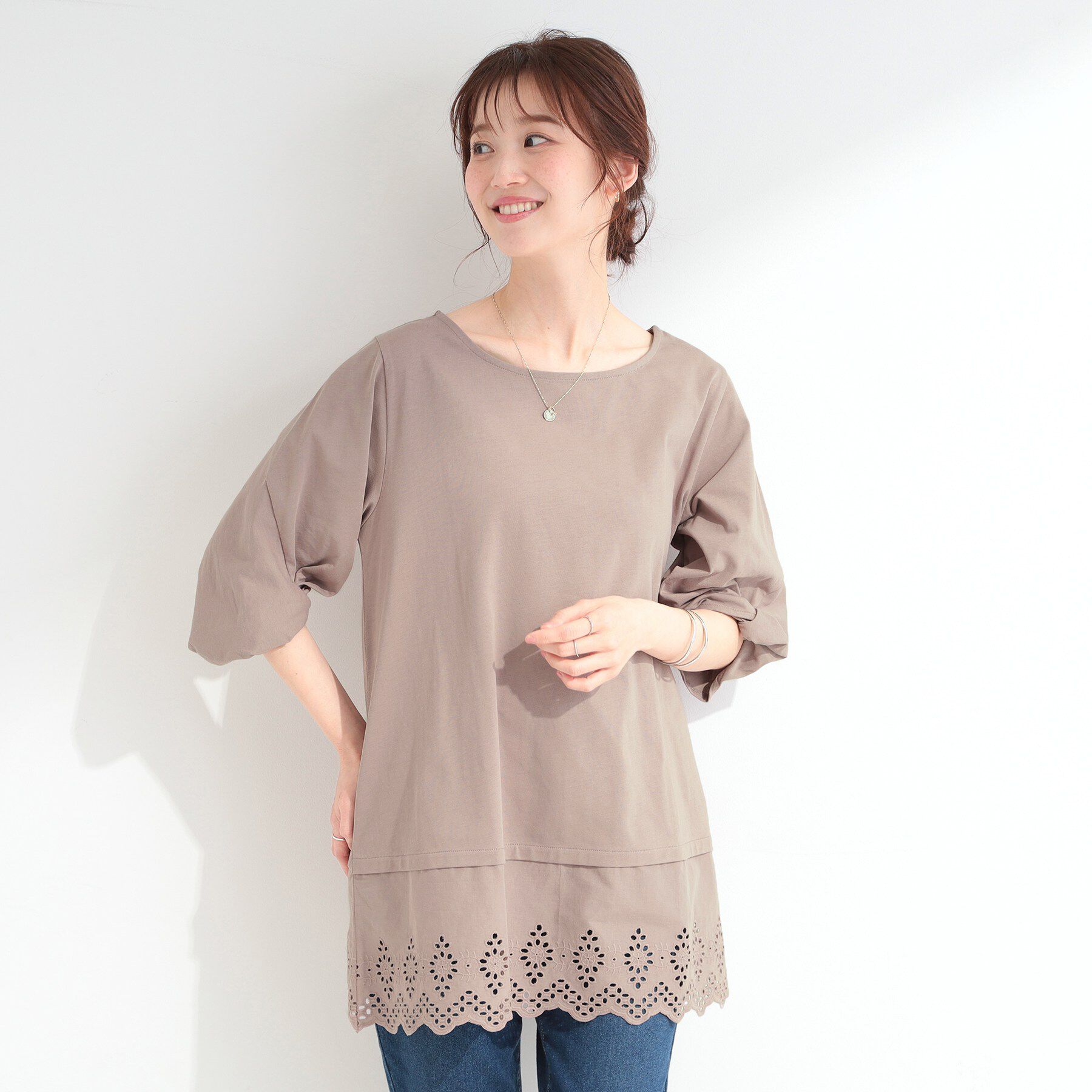 SHOO･LA･RUE「【洗濯機可/ひんやり/S-LL】裾レース切り替え ねじりお袖チュニック」|チュニック|