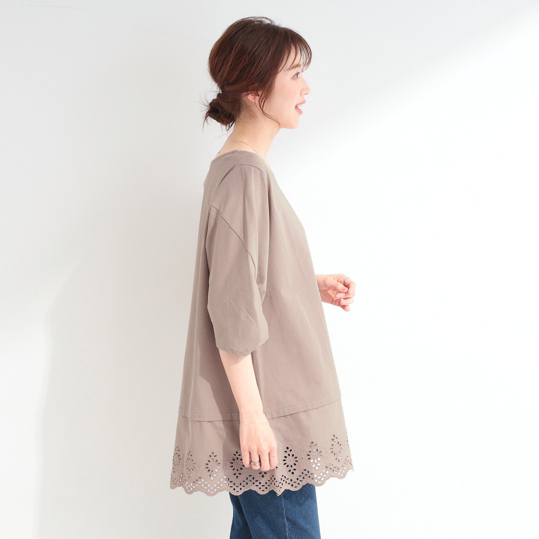 SHOO･LA･RUE「【洗濯機可/ひんやり/S-LL】裾レース切り替え ねじりお袖チュニック」|チュニック|