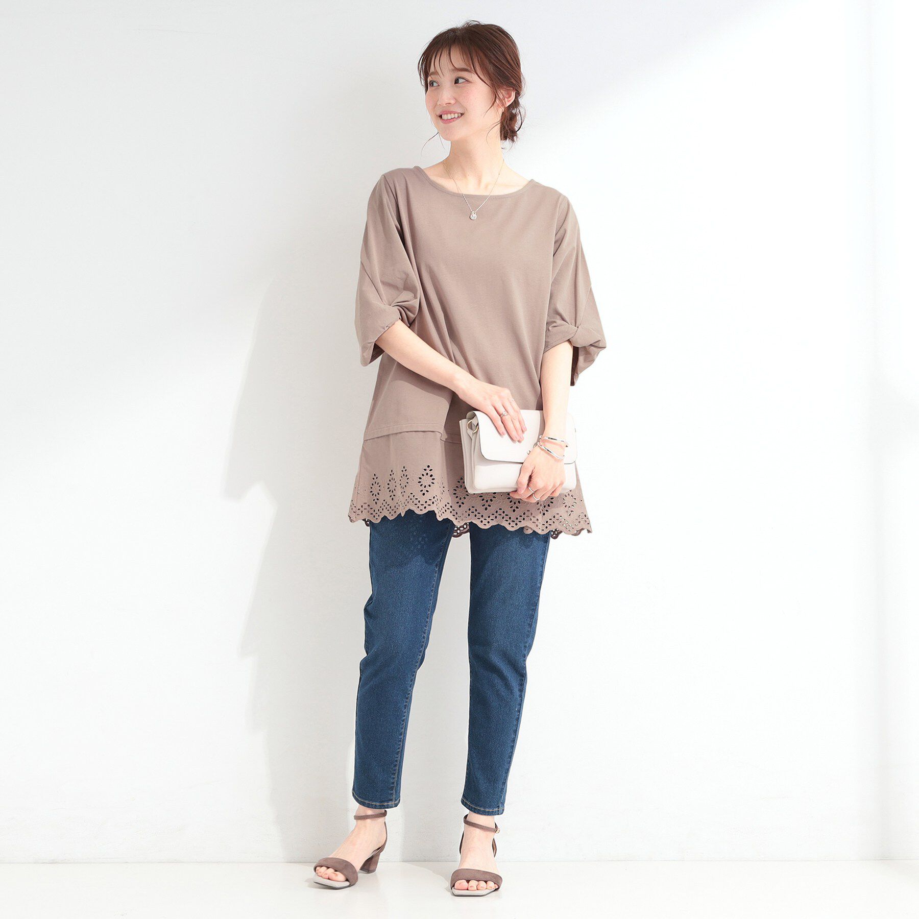 SHOO･LA･RUE「【洗濯機可/ひんやり/S-LL】裾レース切り替え ねじりお袖チュニック」|チュニック|