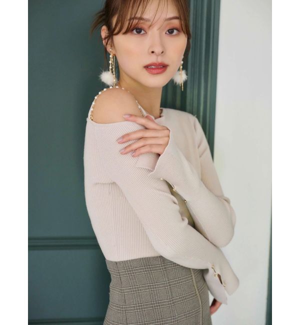 MERCURYDUO「アシメパールチェーンワンショルニット」|ニット・セーター|