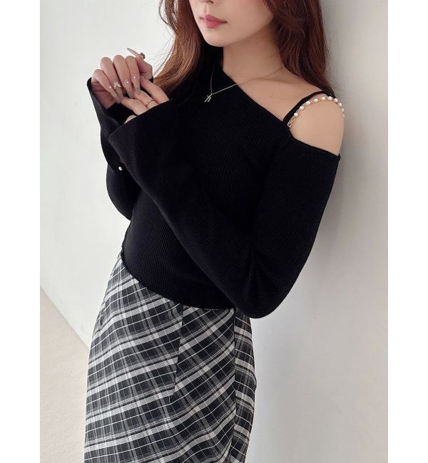MERCURYDUO「アシメパールチェーンワンショルニット」|ニット・セーター|
