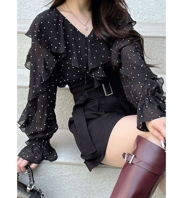 MERCURYDUO「シフォンラッフルブラウス」|シャツ・ブラウス|ブラック