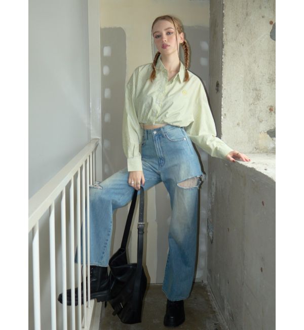 EVRIS「リボンデザインショートストライプシャツ」|シャツ・ブラウス|