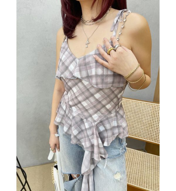 EVRIS「チェックシフォントップス」|キャミソール|ピンク