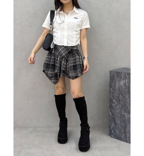 EVRIS「アシンメトリーランダムチェックミニスカート」|スカート|