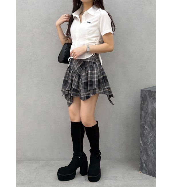 EVRIS「アシンメトリーランダムチェックミニスカート」|スカート|
