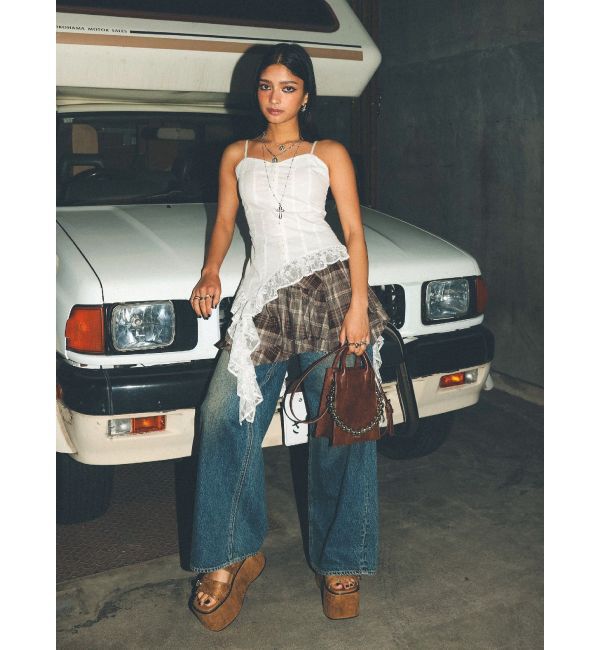 EVRIS「アシンメトリーランダムチェックミニスカート」|スカート|