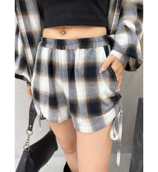 EVRIS「サイドギャザーチェックショートパンツ【セットアップ着用可能】」|その他|ブラック